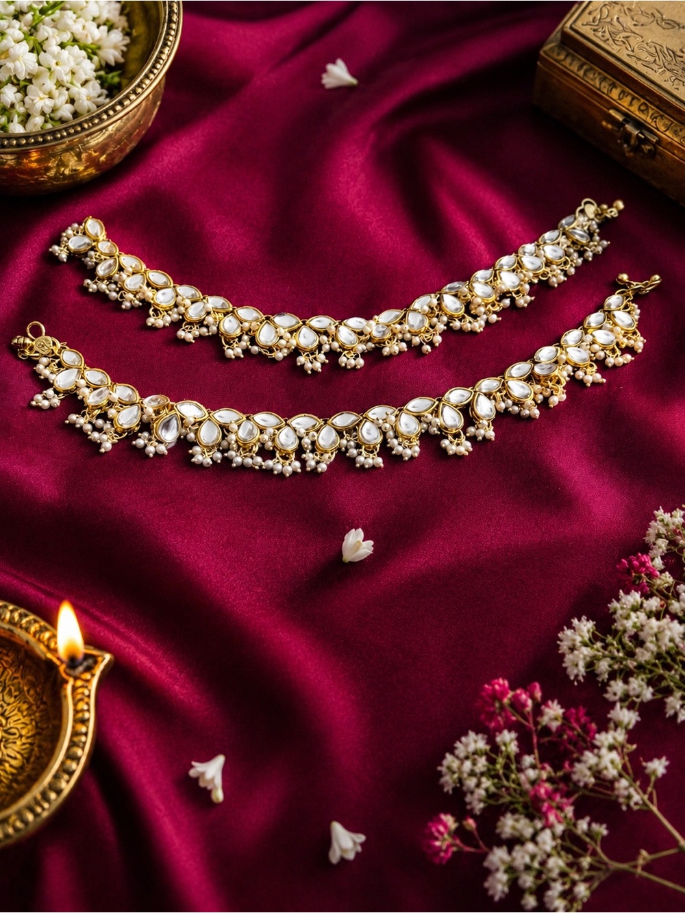 Gold and White Kundan Anklet Set - Elegant Women Jewelry